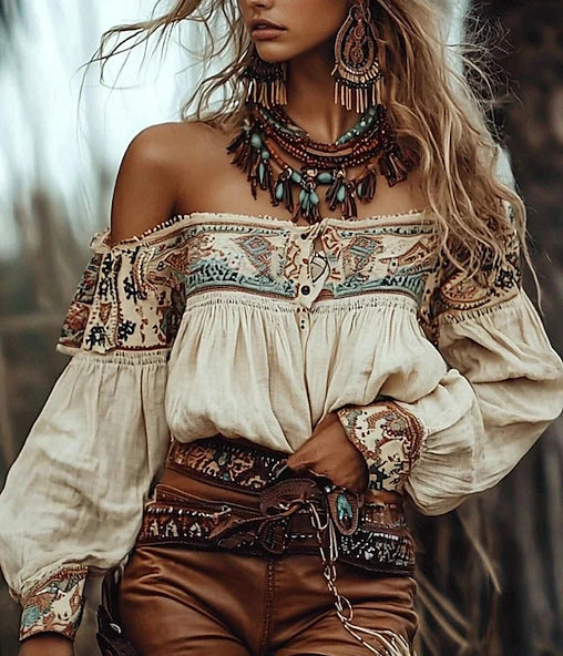 Dames Western Blouse Boho Shirt Blouse Bloem Modern Boho Lange Mouwen Off-Shoulder Reguliere Tops Dagelijks Uitgaan Print Abrikoos Zomer