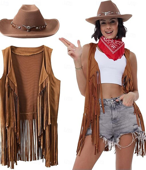 Western Outfits voor Dames Cowgirl Tassel Mouwloos Vest Cowboyhoed en Paisley Bandana
