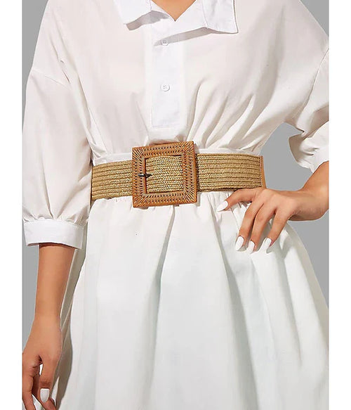 Dames Geweven Stro Riem met Overmaatse Vierkante Gesp – Boho Chic Stijl, Verstelbare Pasvorm voor Casual of Strandkleding, Perfect voor Lente- en Zomeroutfits