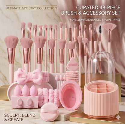 43-Piece Professional Beauty Tool Set: High-Density Makeup Brushes & Blending Sponges with Rotating Case