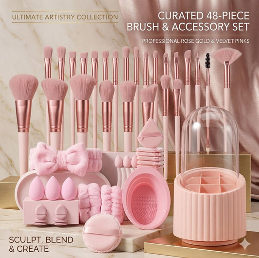 43-Piece Professional Beauty Tool Set: High-Density Makeup Brushes & Blending Sponges with Rotating Case