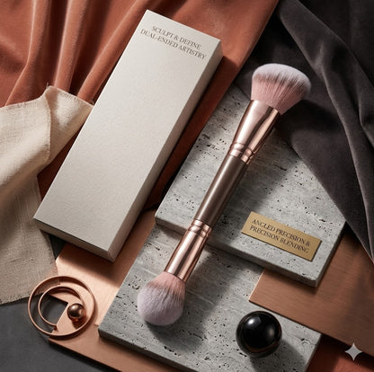 Double Ended Makeup Brush: Angled Contour & Round Foundation Brush for Blending Liquid, Powder, Concealer & Cream Blush
