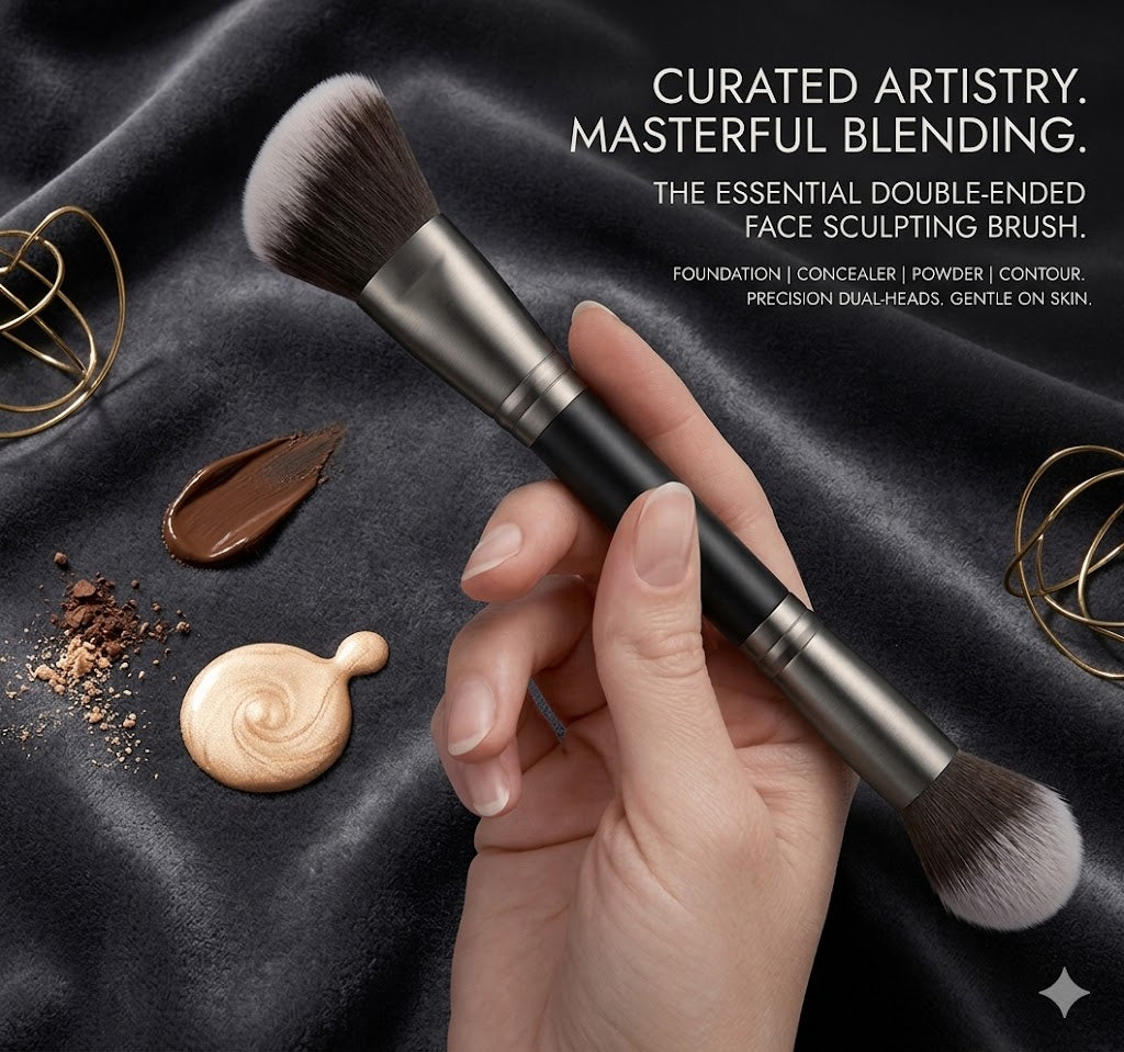 Double Ended Makeup Brush: Angled Contour & Round Foundation Brush for Blending Liquid, Powder, Concealer & Cream Blush